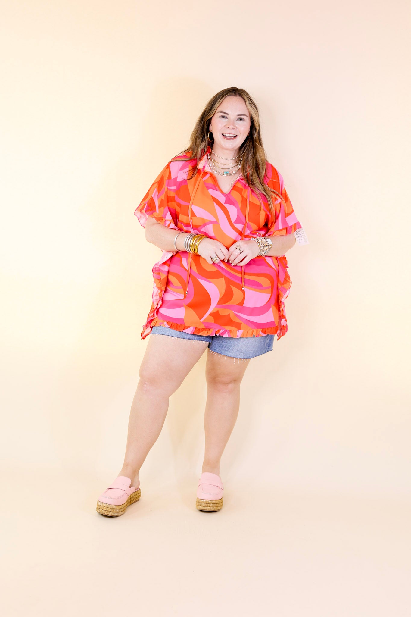 Fun and Free Flowy Top with Ruffle Trim in Orange Mix