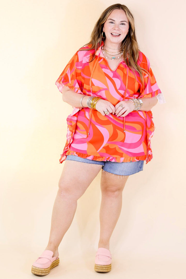 Fun and Free Flowy Top with Ruffle Trim in Orange Mix