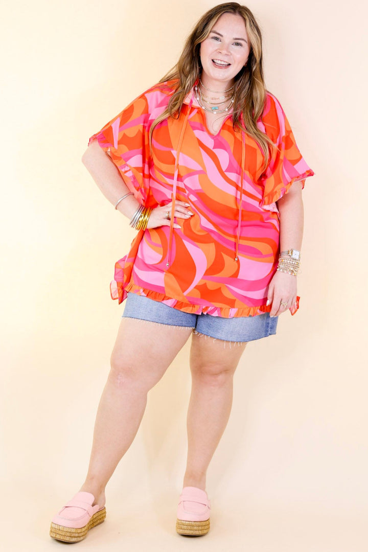 Fun and Free Flowy Top with Ruffle Trim in Orange Mix