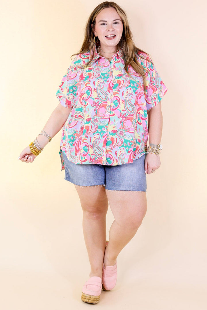Adventure Awaits Paisley Print Button Up Top in Emerald Green and Pink