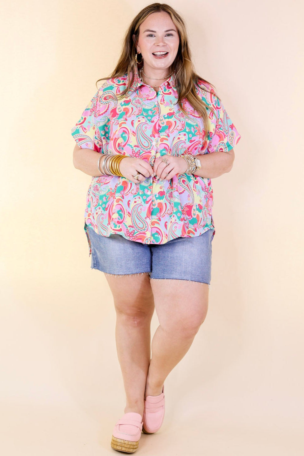 Adventure Awaits Paisley Print Button Up Top in Emerald Green and Pink