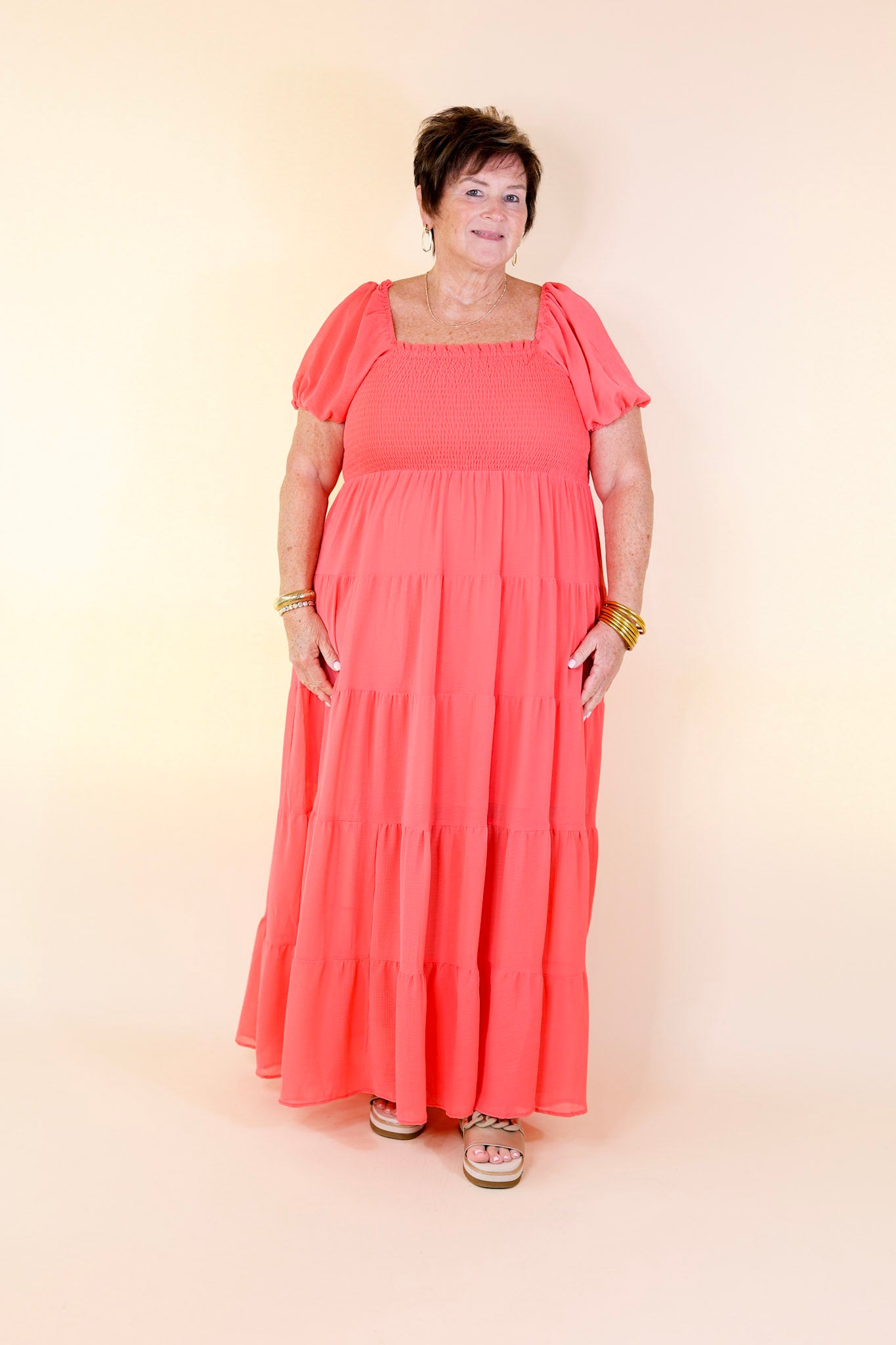 Honeysuckle Love Tiered Maxi Dress with Smocked Bodice in Coral Red