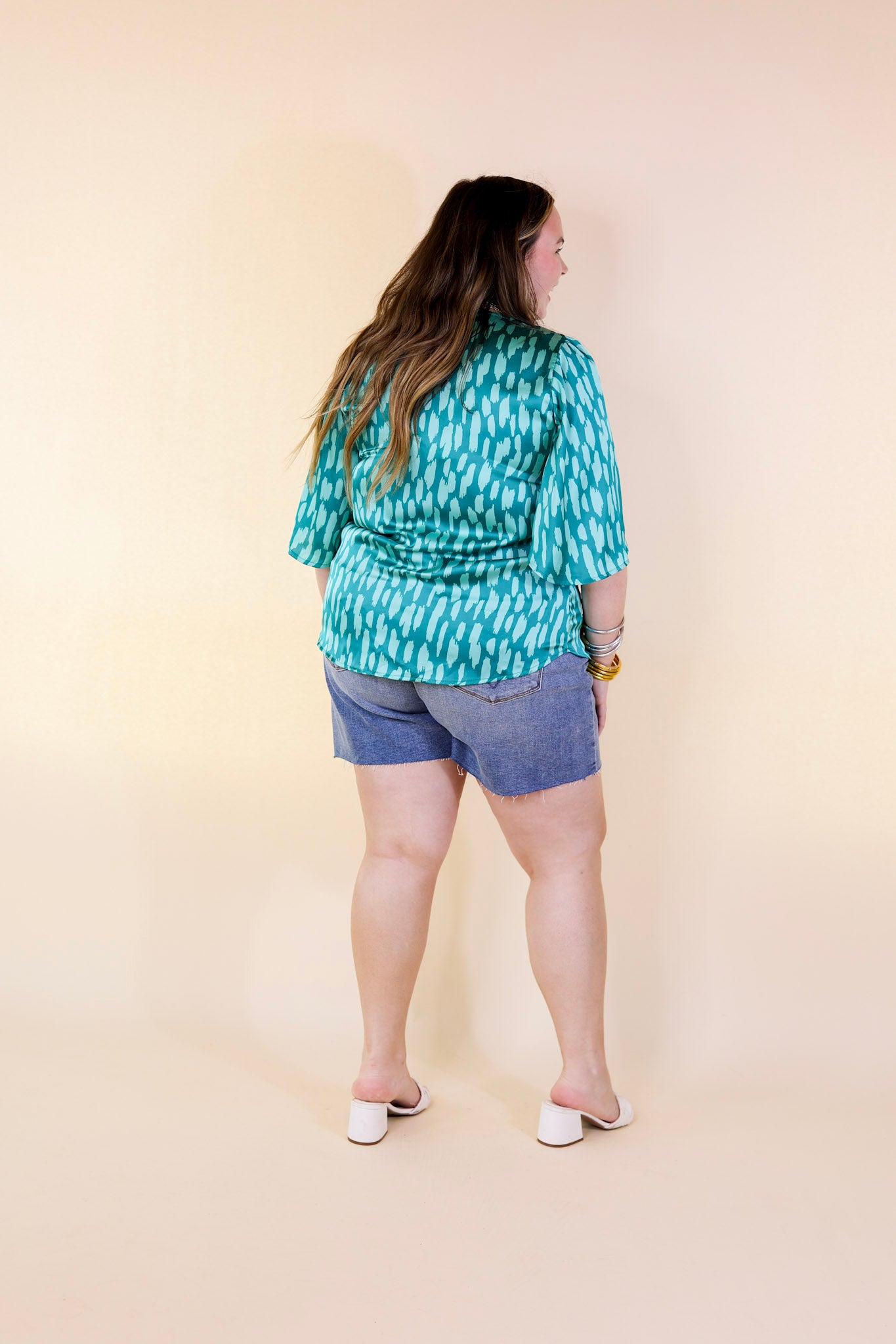 Giving You More Satin Dotted Print V Neck Blouse in Teal Mix