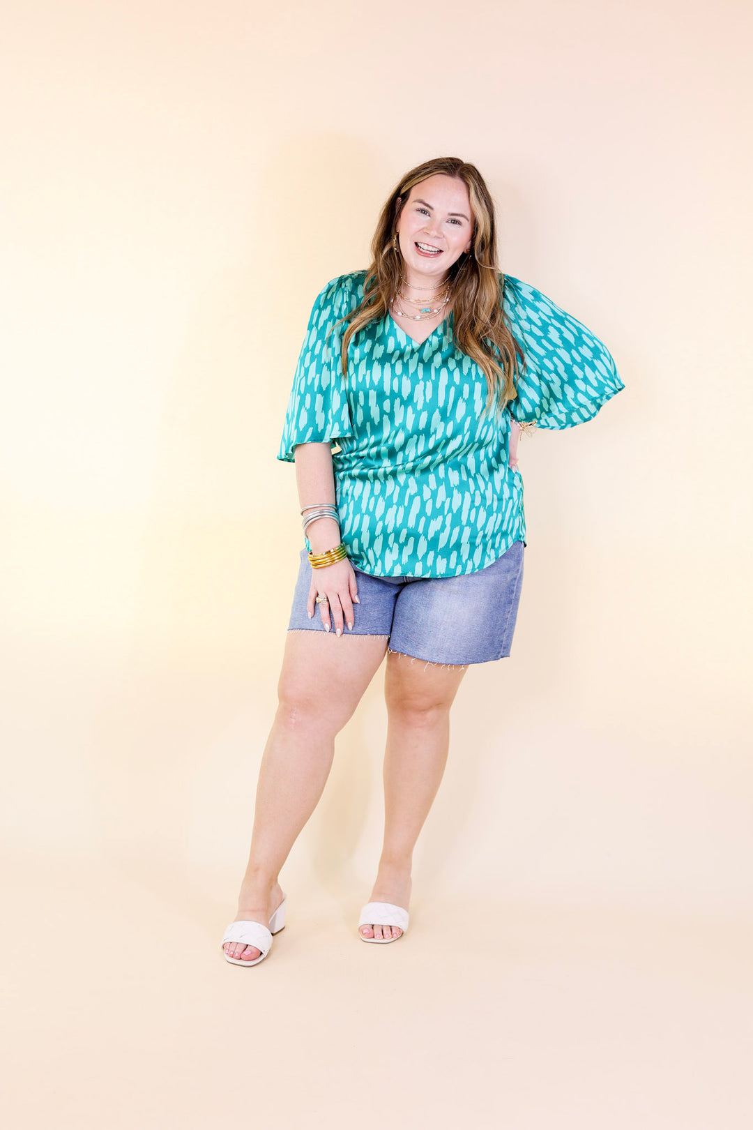 Giving You More Satin Dotted Print V Neck Blouse in Teal Mix