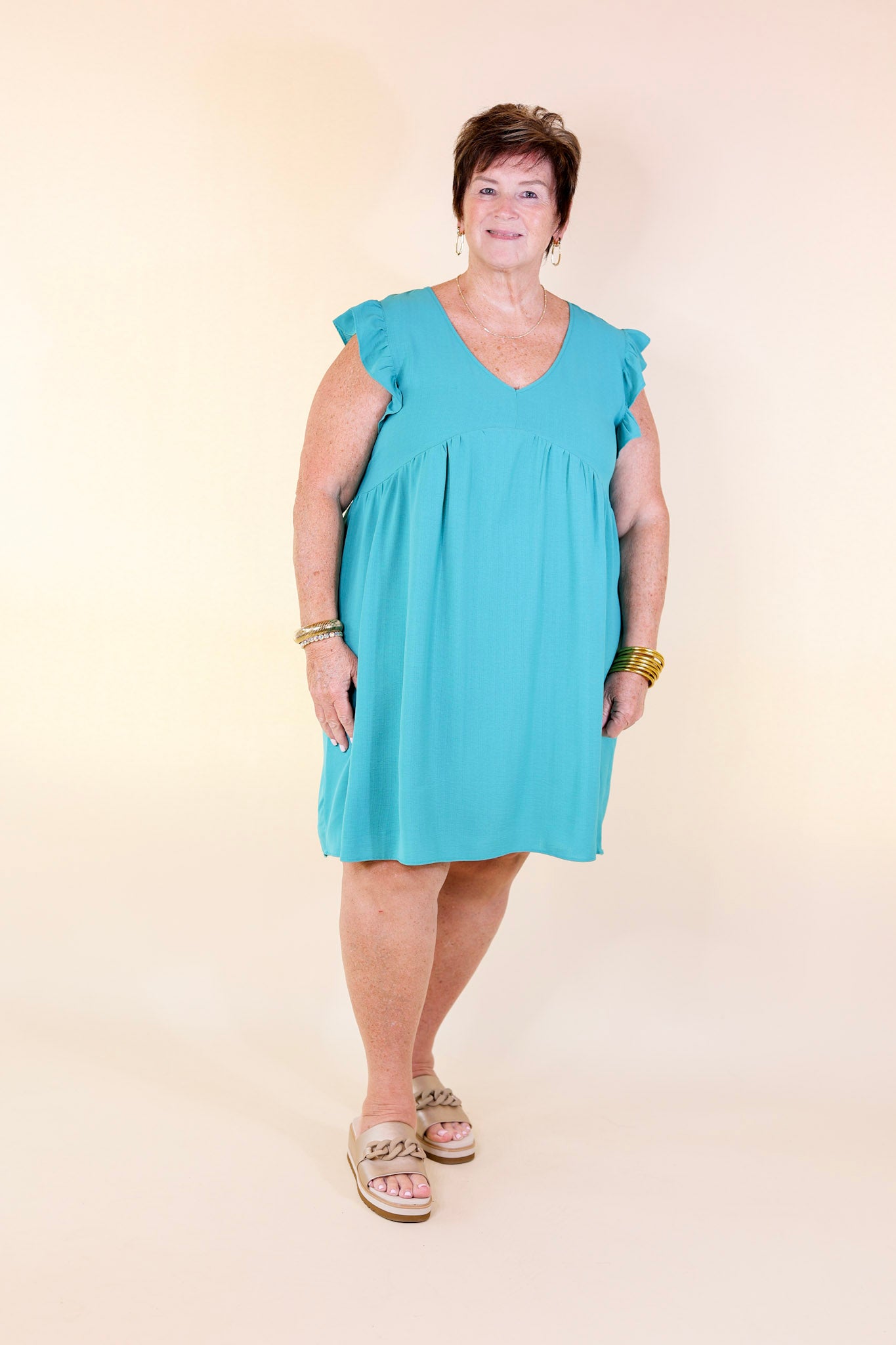 Capture Your Attention V Neck Dress with Ruffle Cap Sleeves in Turquoise