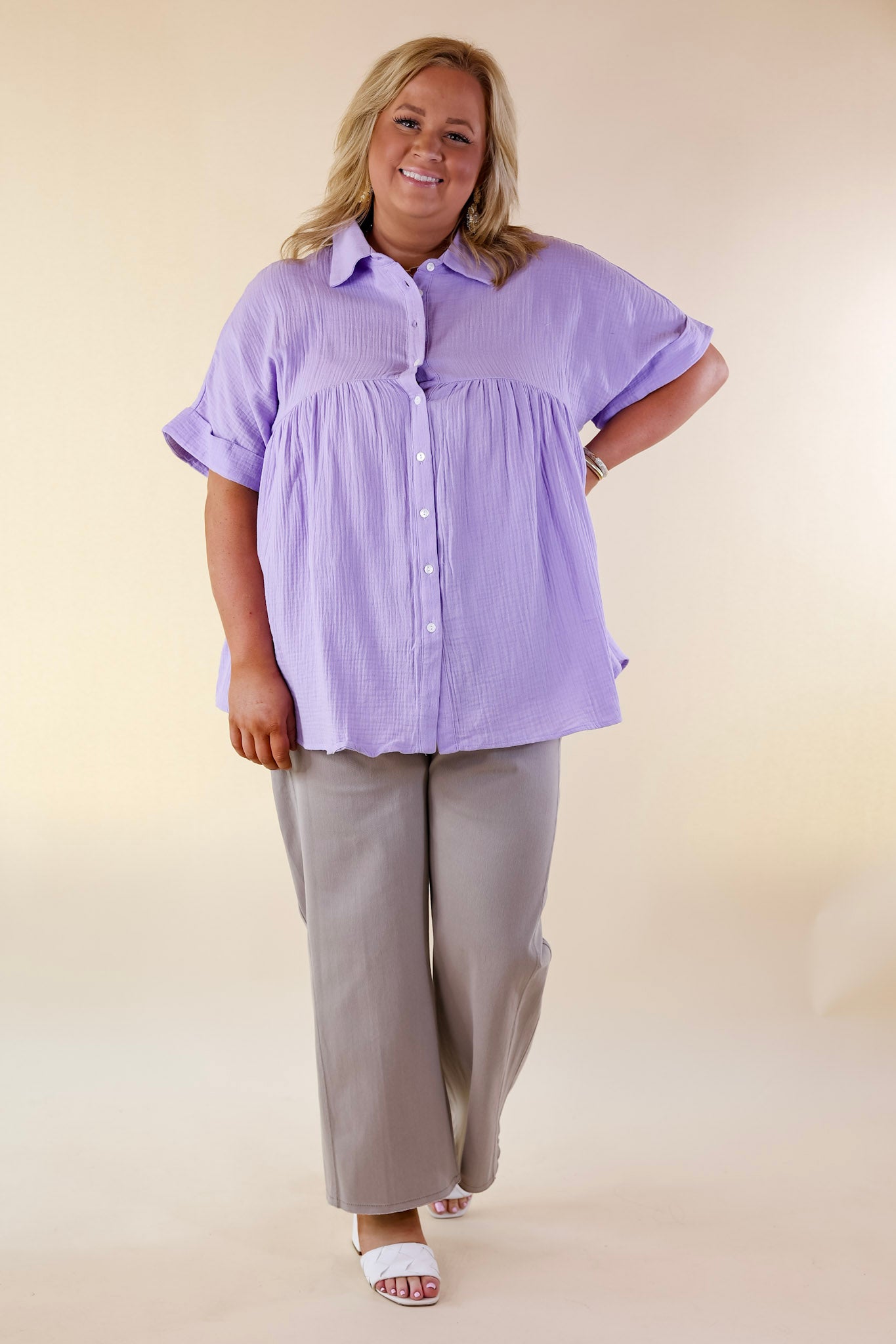 Vacation Vibes Collared Button Up Babydoll Top in Lavender Purple - Giddy Up Glamour Boutique