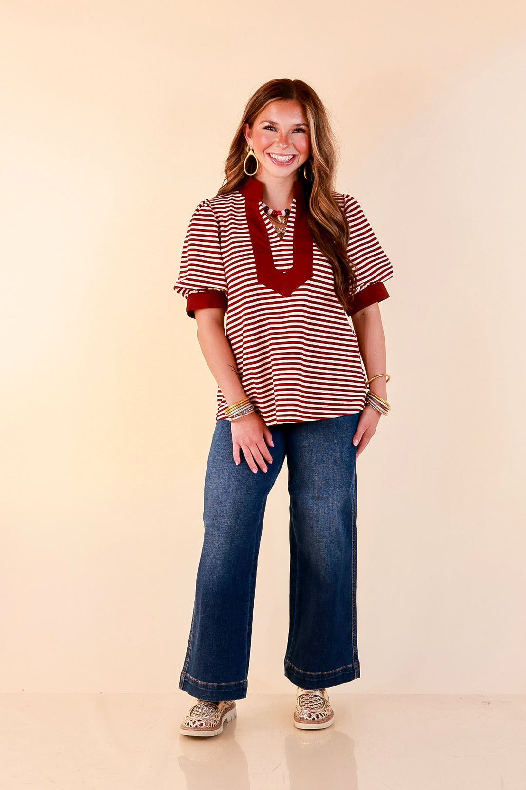 Confidently Yours Short Sleeve Contrast Trim Striped Top in Maroon and Cream