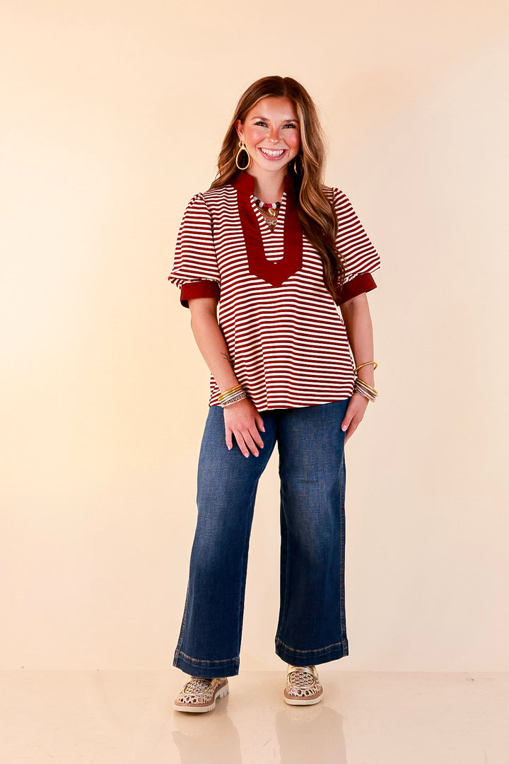 Confidently Yours Short Sleeve Contrast Trim Striped Top in Maroon and Cream