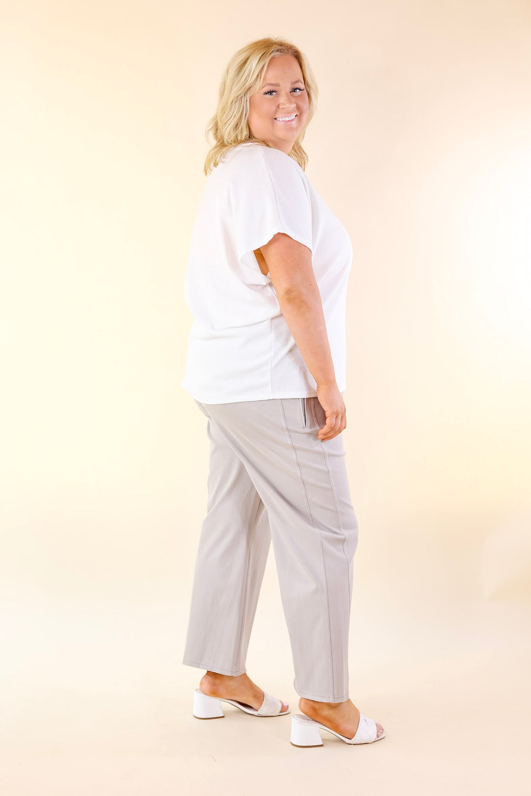 Everyday Essential Short Sleeve Waffle Knit Top in Off White - Giddy Up Glamour Boutique