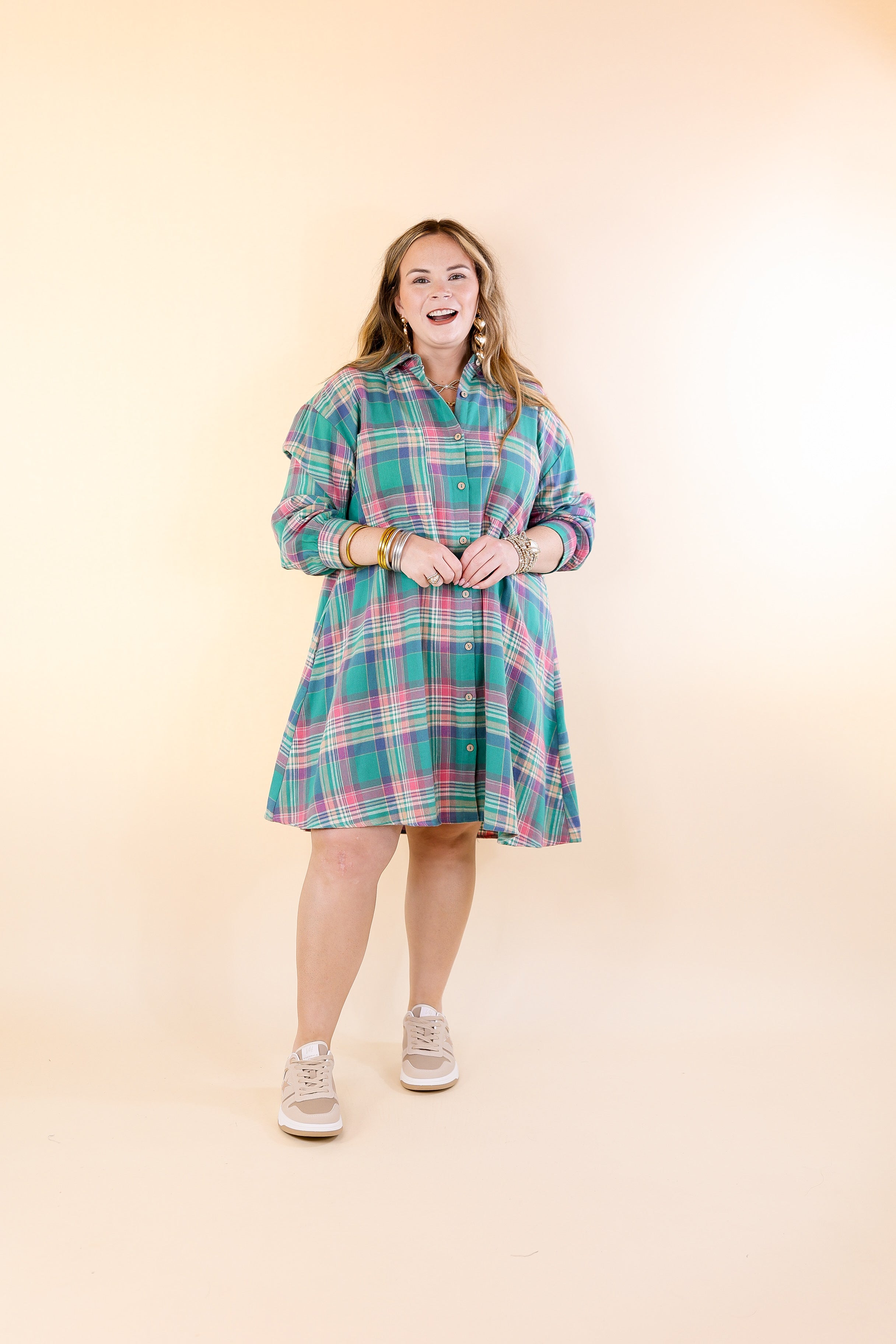 Vibrant Lifestyle Plaid Button Up Dress in Teal and Pink