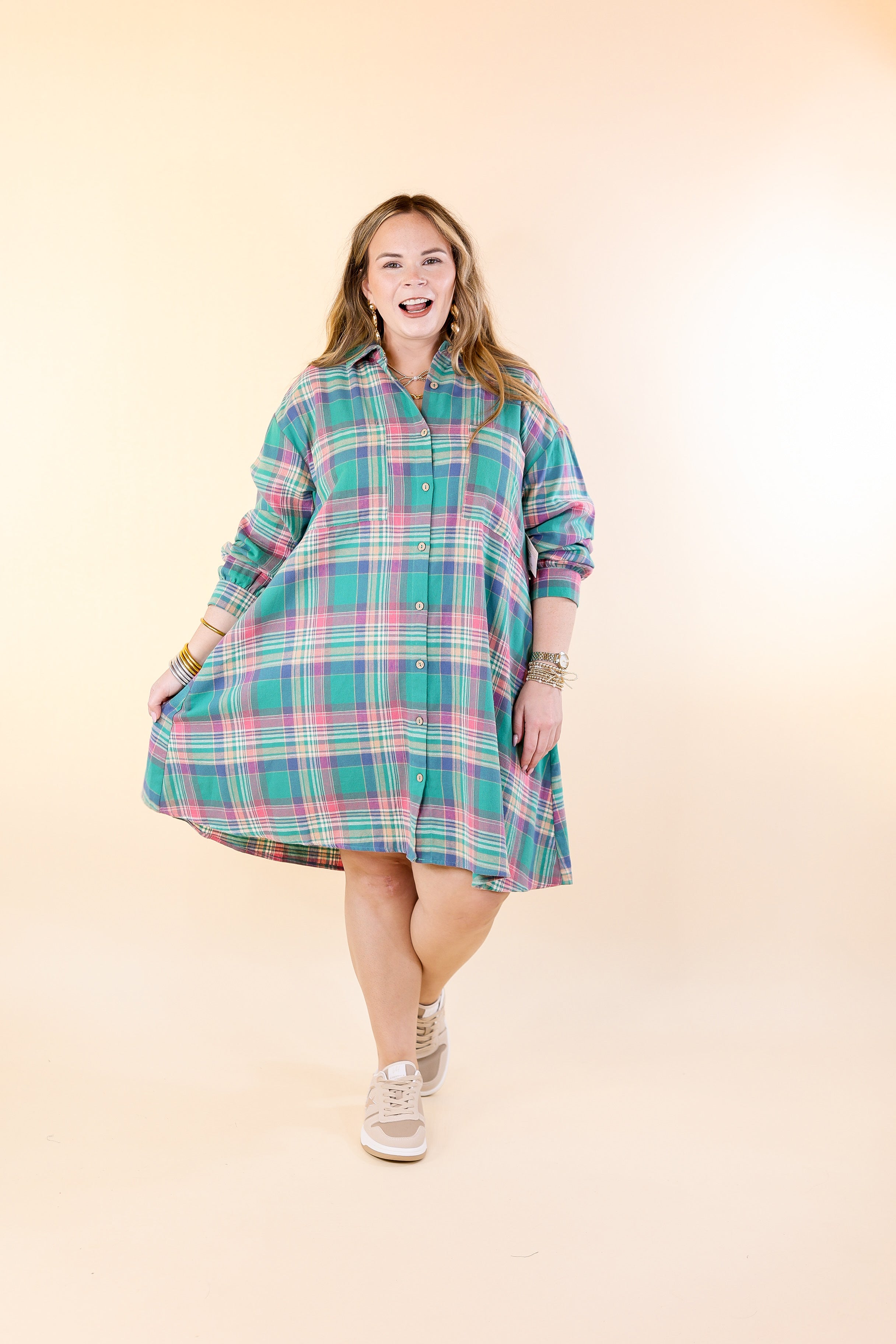 Vibrant Lifestyle Plaid Button Up Dress in Teal and Pink