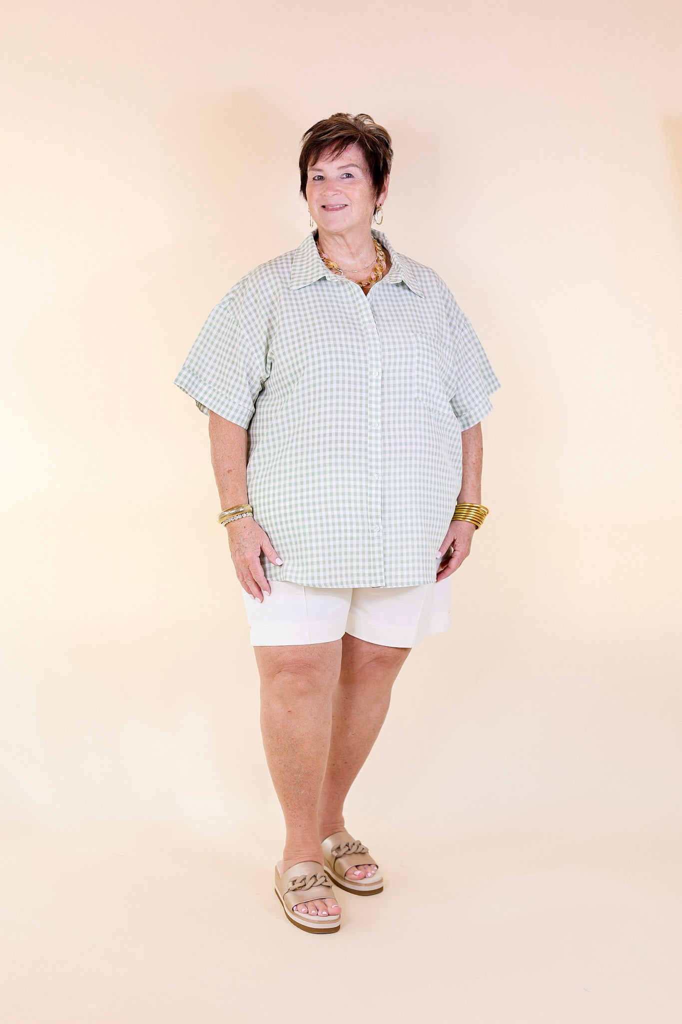 What A Rush Button Up Gingham Short Sleeve Top in Sage Green