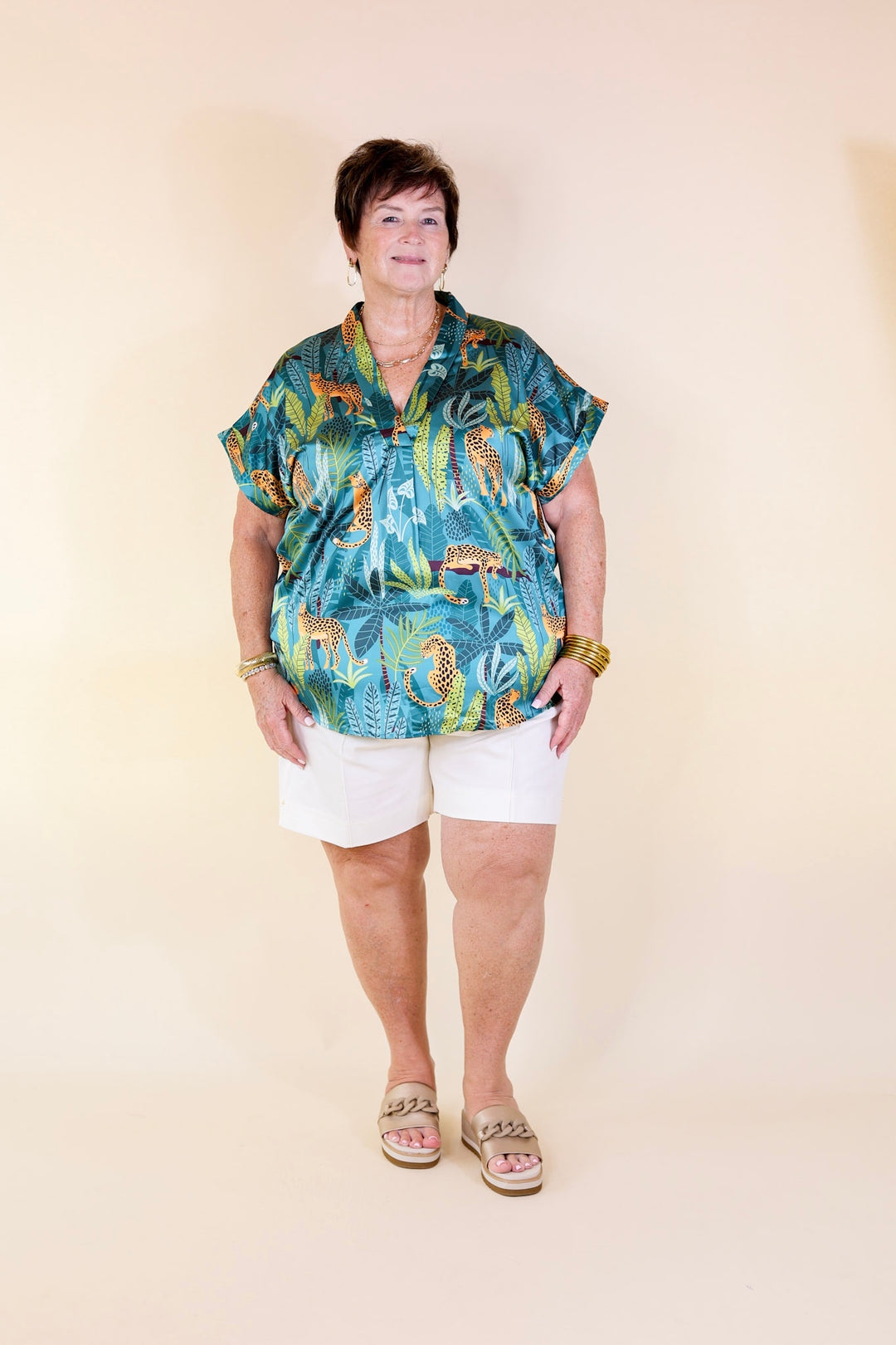 Center of Attention Jungle Print Top in Teal Blue