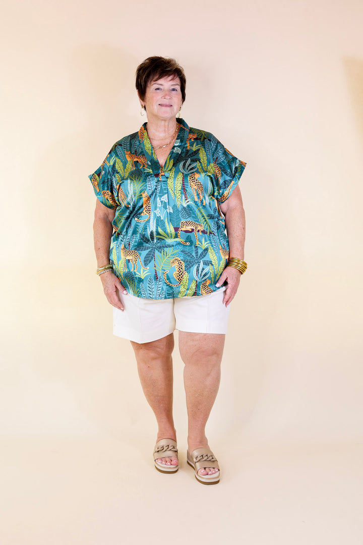 Center of Attention Jungle Print Top in Teal Blue