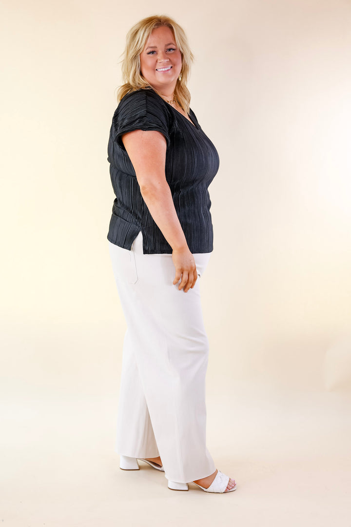 Casual Charm V Neck Plissé Top in Black - Giddy Up Glamour Boutique