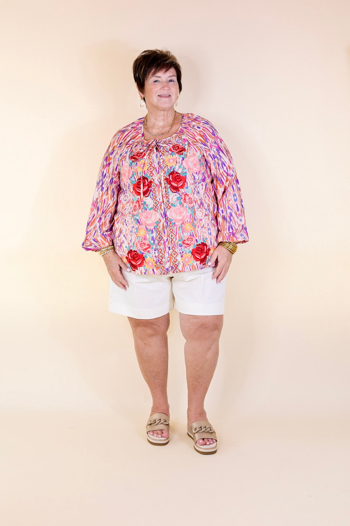 Chic Enchantment Long Sleeve Multi Color Top with Floral Embroidery