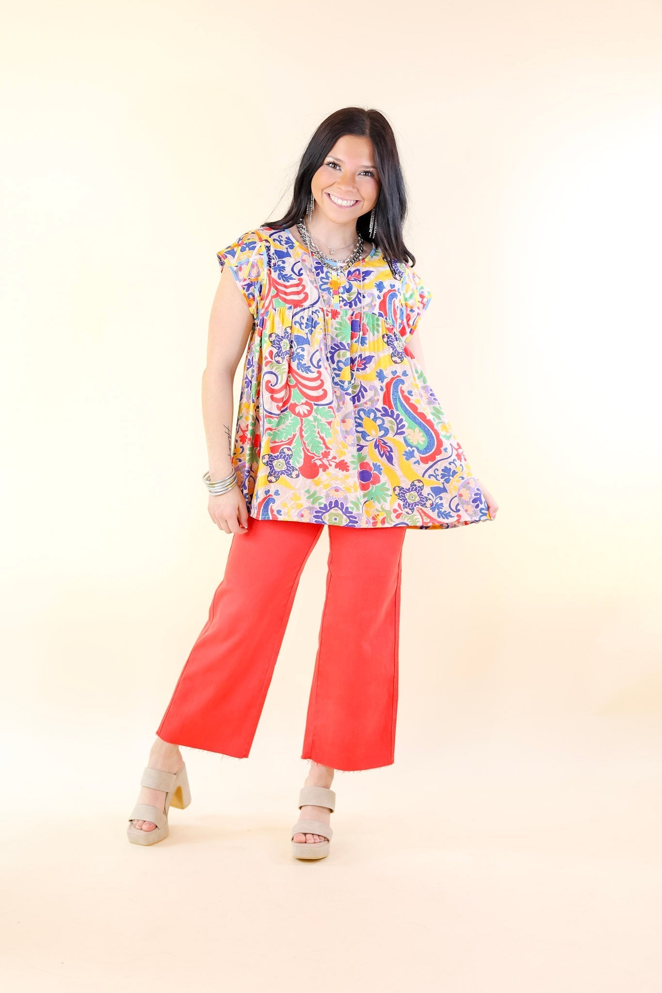 Vibrant Vista Multi-Color Paisley and Floral Print Top with Embroidery - Giddy Up Glamour Boutique