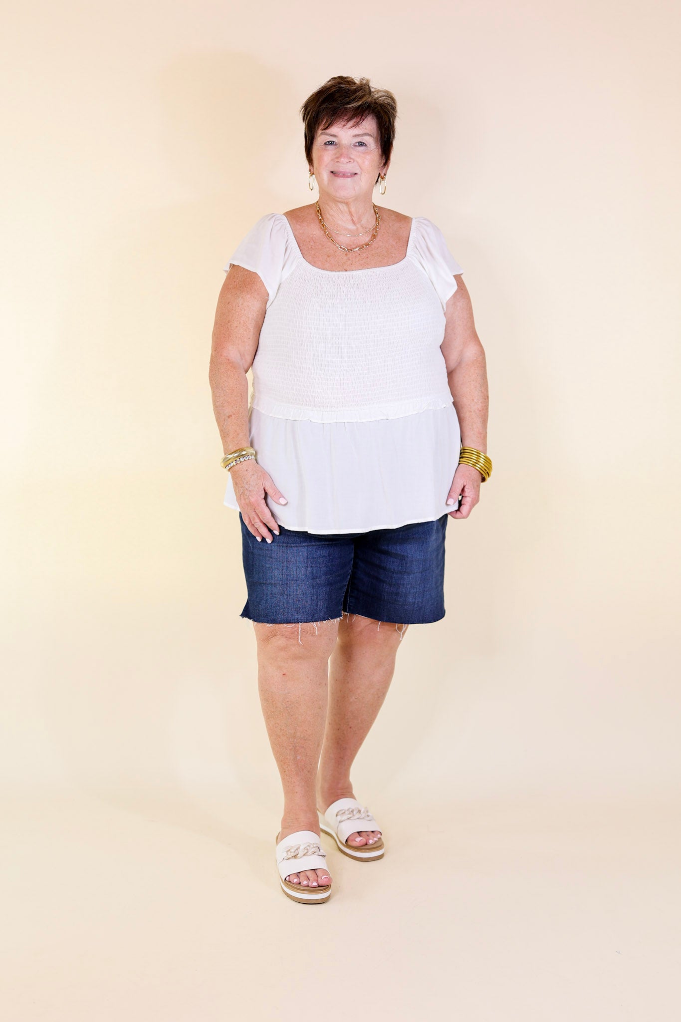 Ruffle Me Up Smocked Bodice Peplum Top with Ruffle Cap Sleeves in White