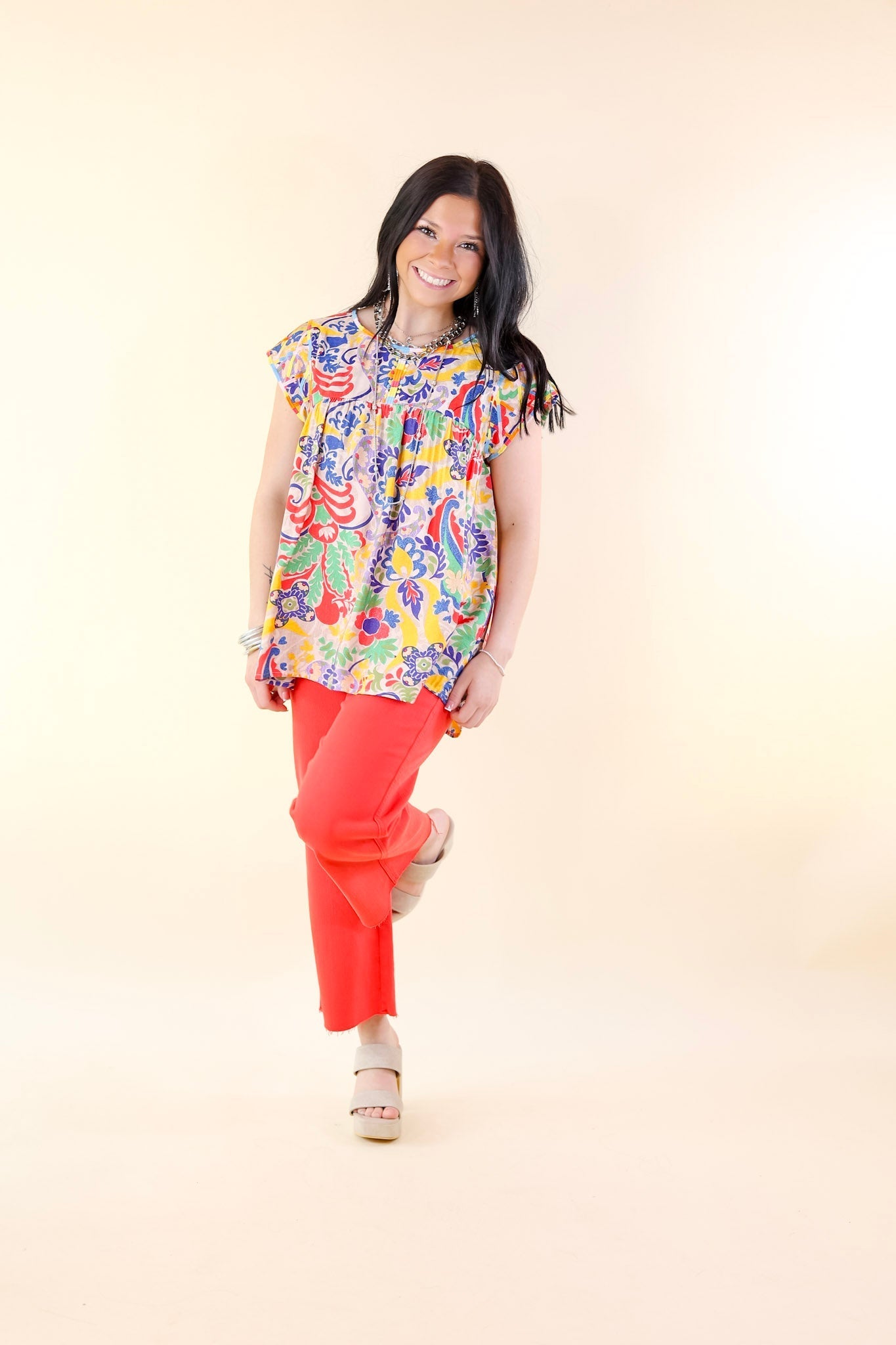 Vibrant Vista Multi-Color Paisley and Floral Print Top with Embroidery - Giddy Up Glamour Boutique