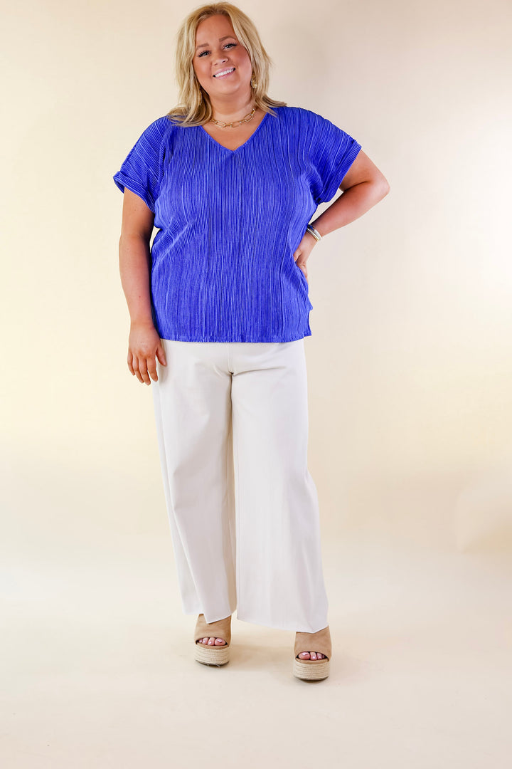 Casual Charm V Neck Plissé Top in Royal Blue - Giddy Up Glamour Boutique