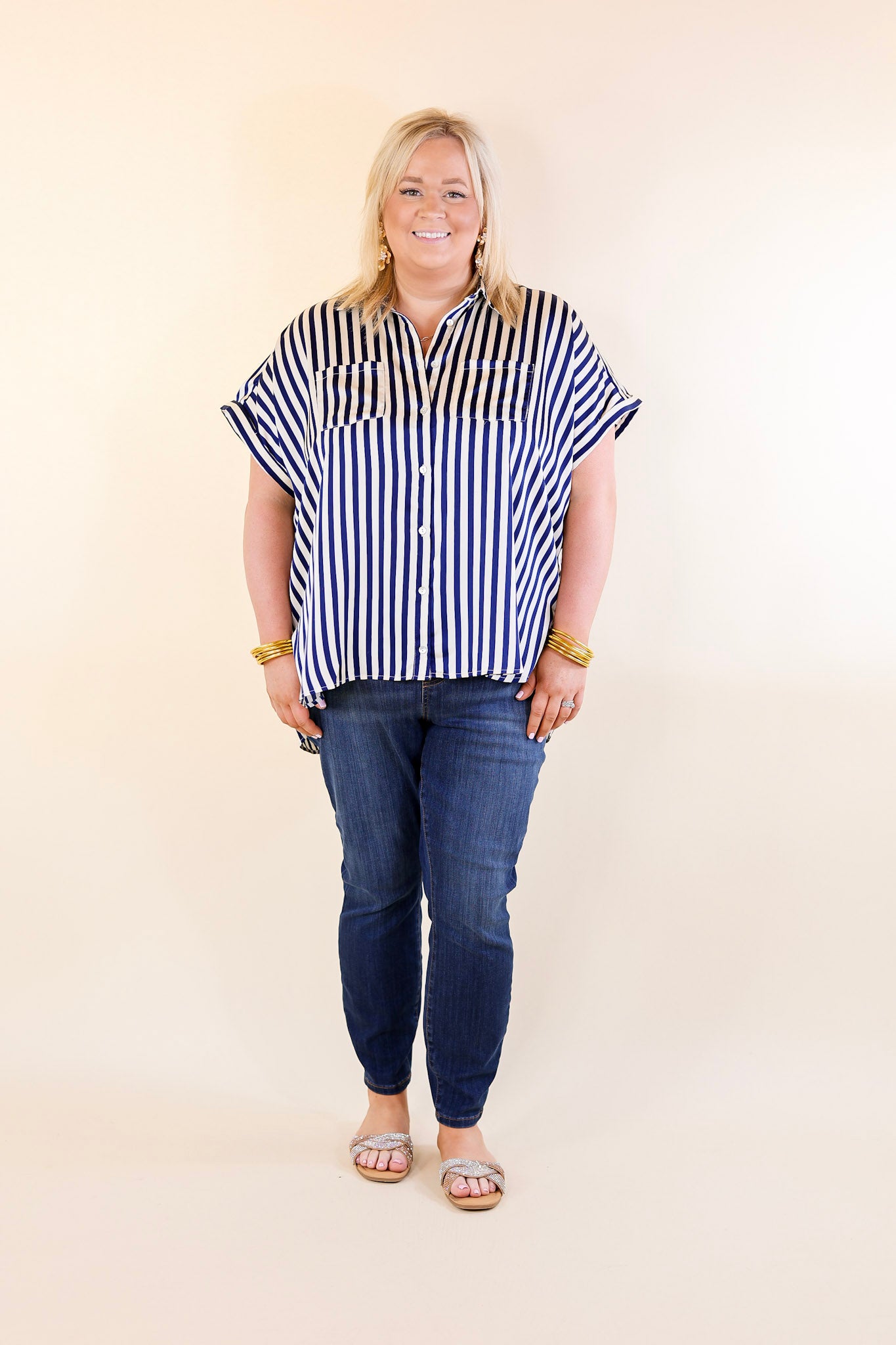 Free To Be Fab Button Up Short Sleeve Striped Top in Navy Blue