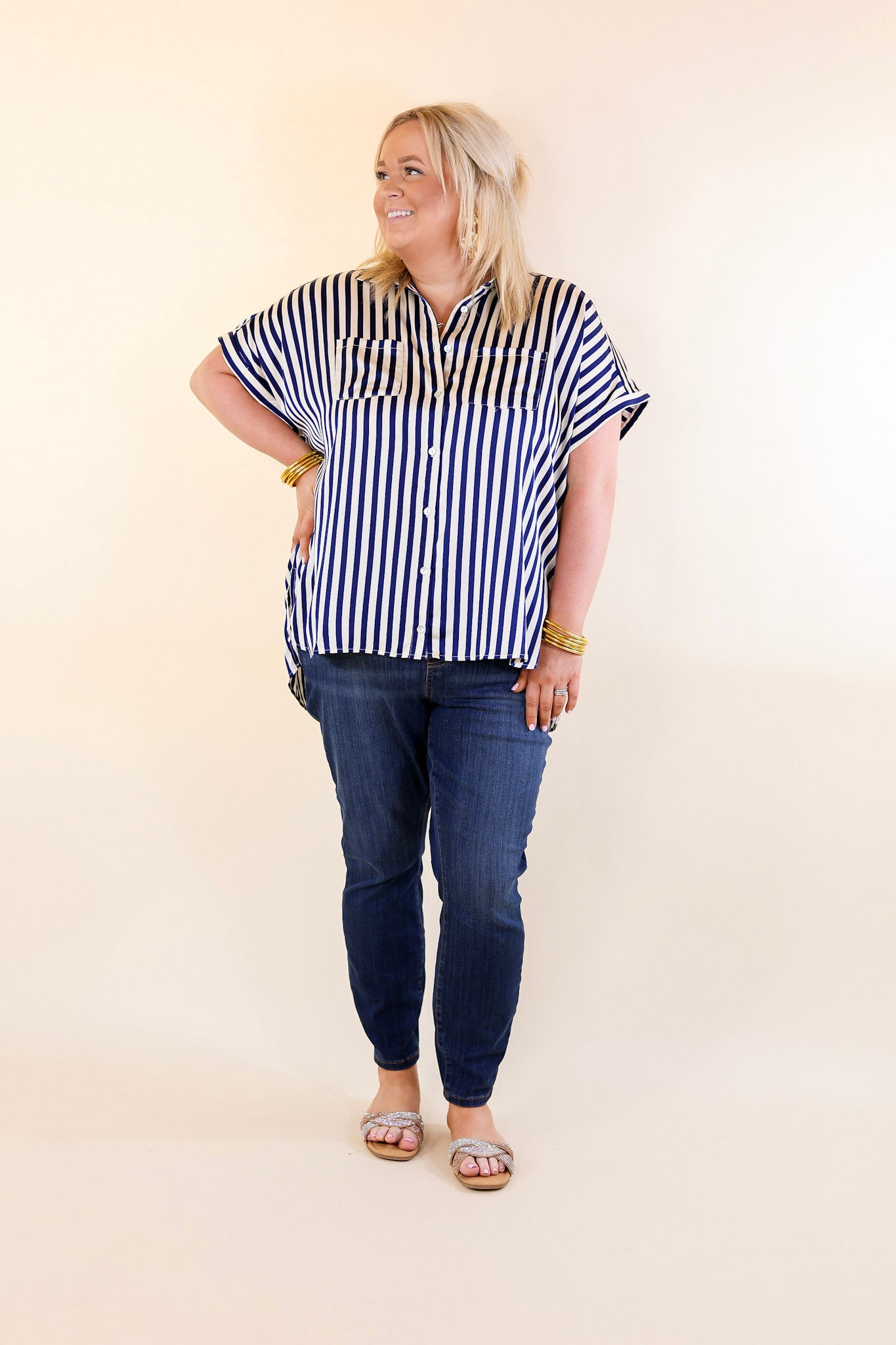 Free To Be Fab Button Up Short Sleeve Striped Top in Navy Blue