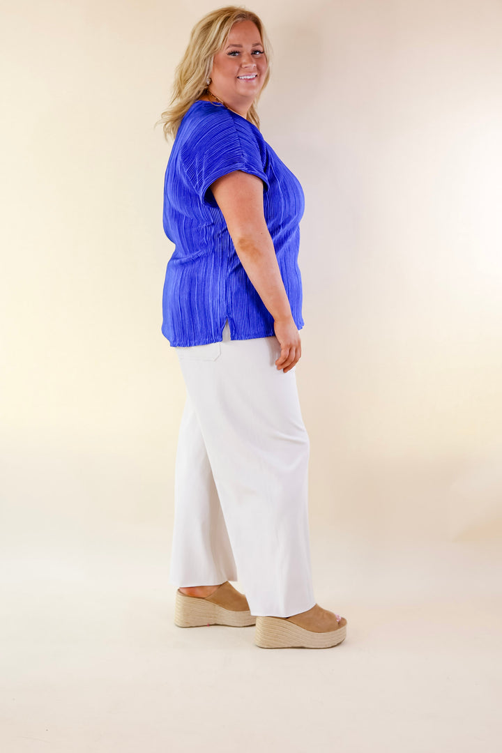 Casual Charm V Neck Plissé Top in Royal Blue - Giddy Up Glamour Boutique