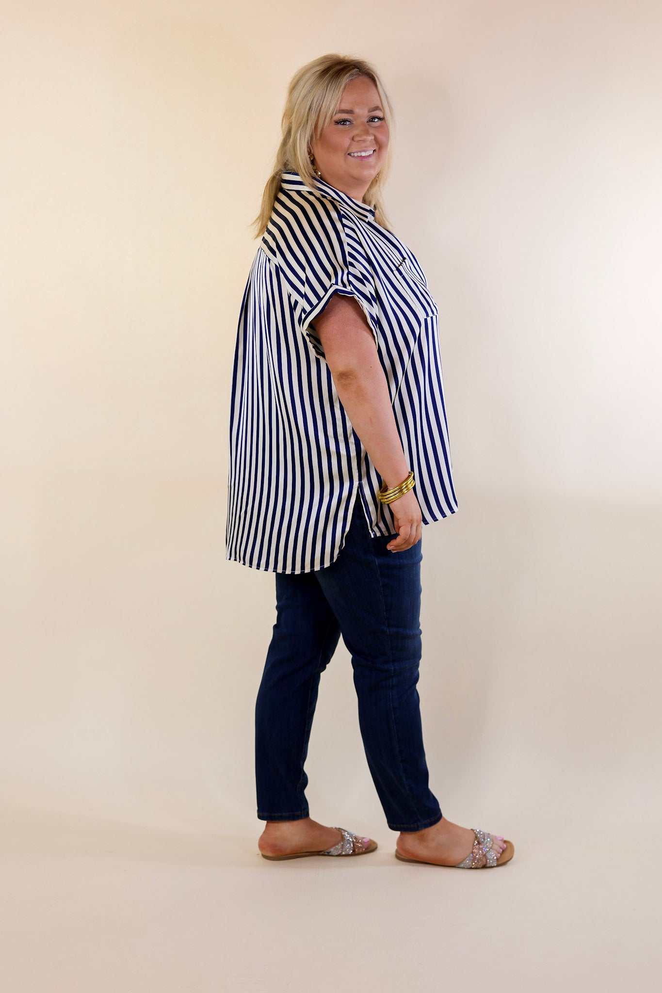 Free To Be Fab Button Up Short Sleeve Striped Top in Navy Blue