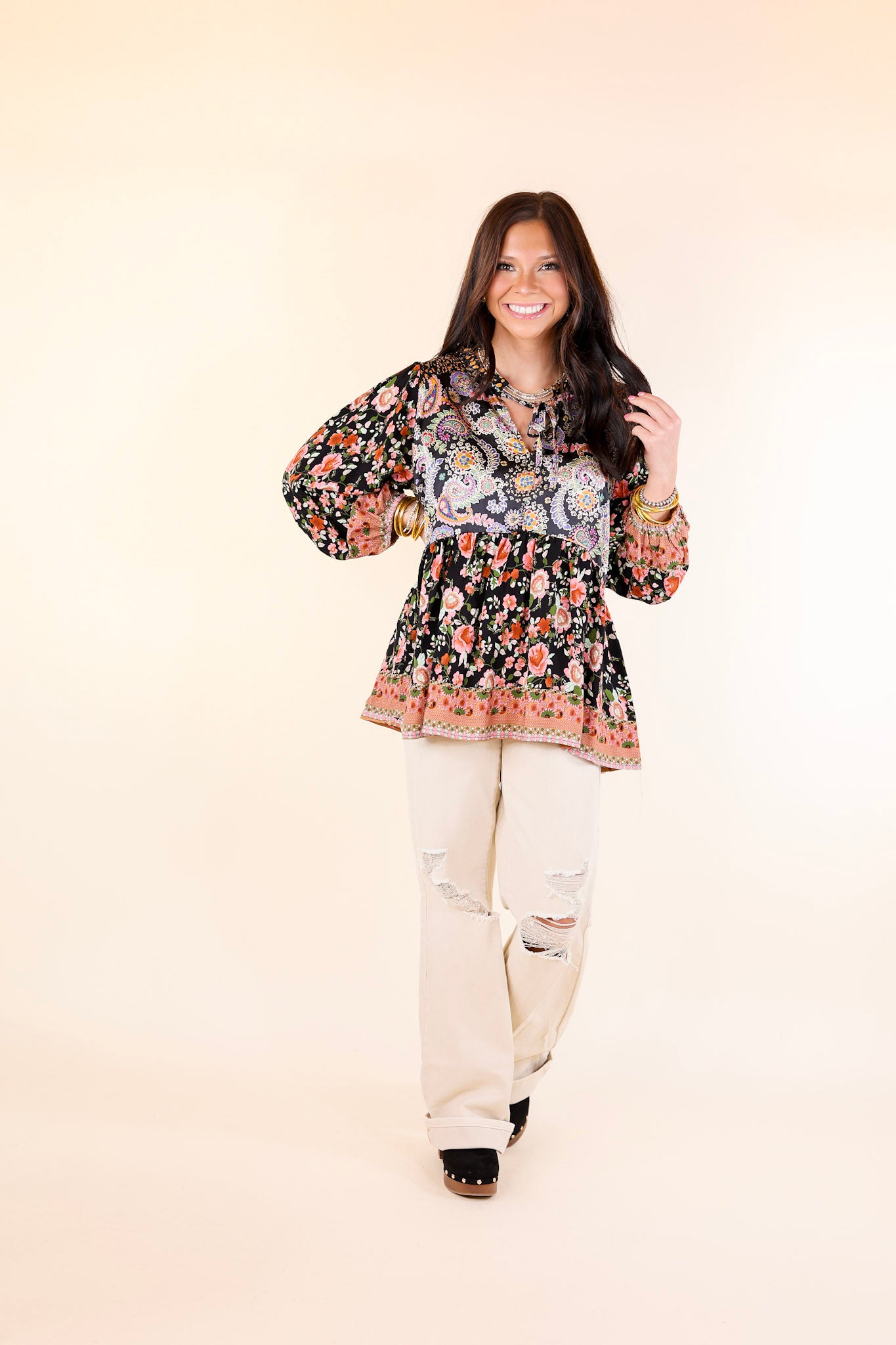 Floral Fusion Long Sleeve Floral Print Top in Black