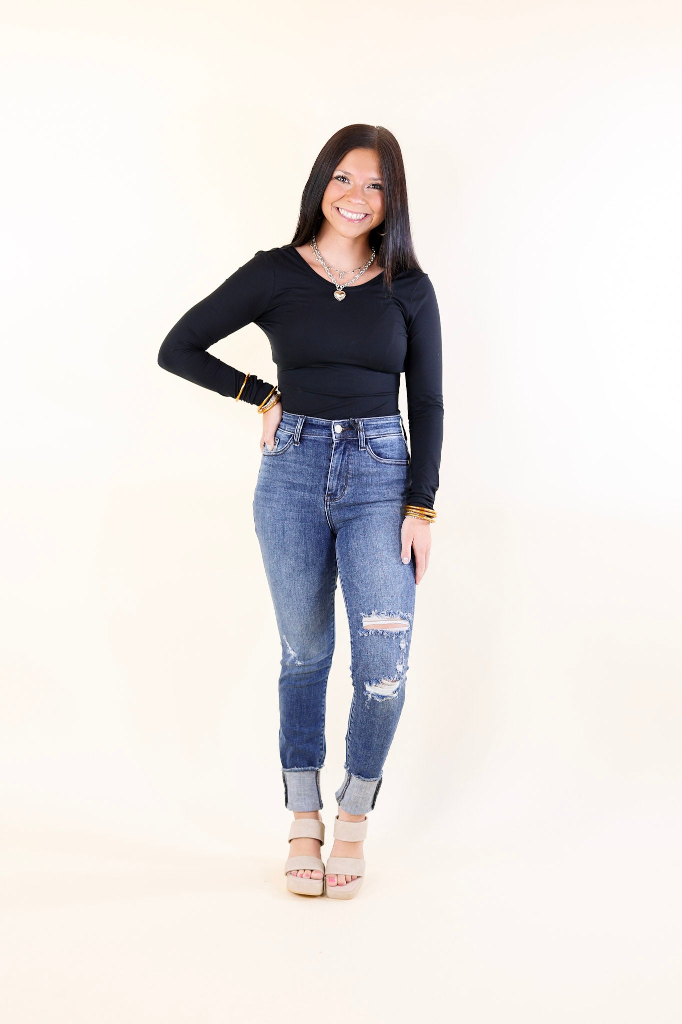 Judy Blue | Daily Chic High Waisted Skinny Jean with Destroyed Knee in Dark Wash