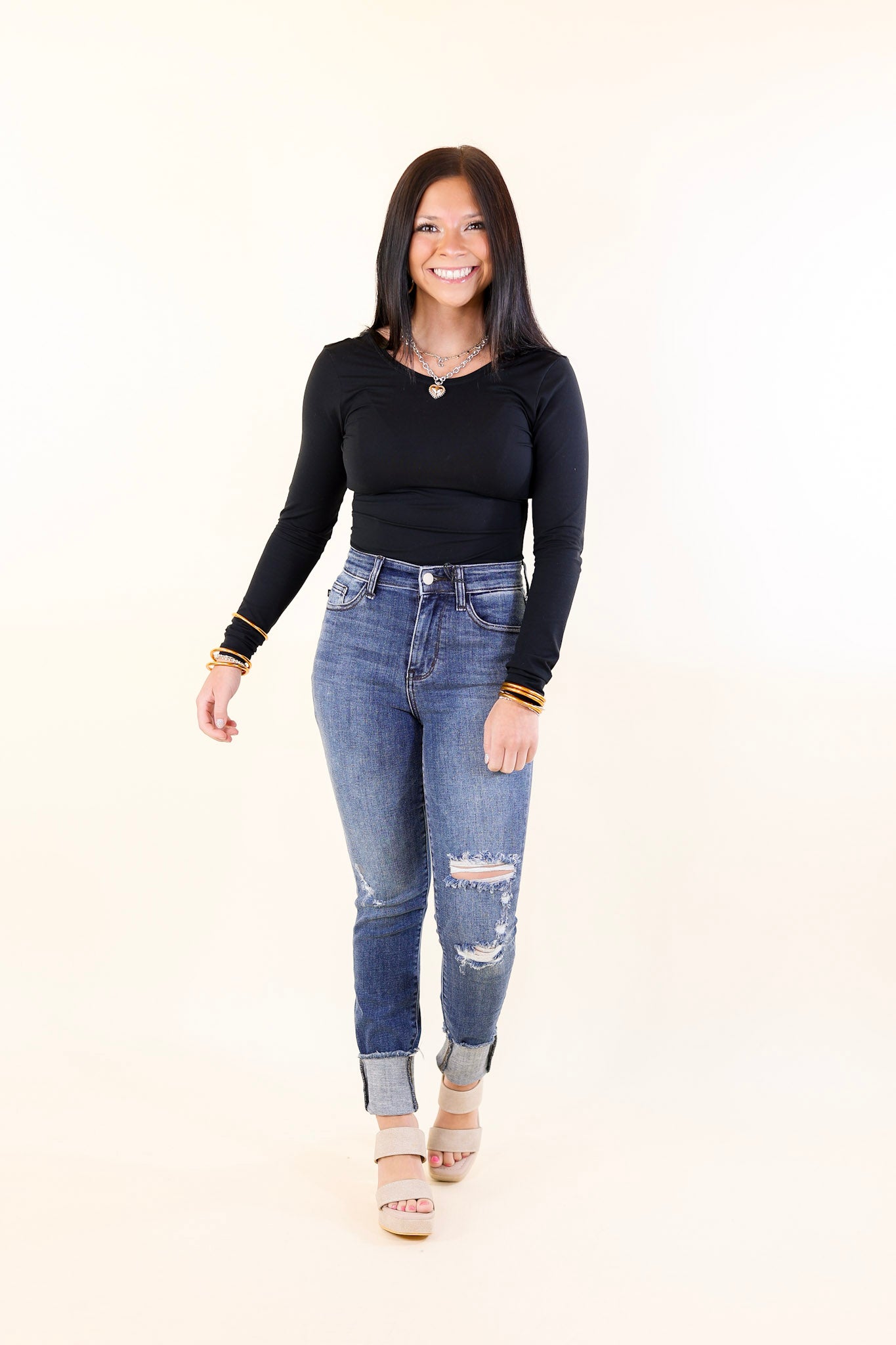 Judy Blue | Daily Chic High Waisted Skinny Jean with Destroyed Knee in Dark Wash