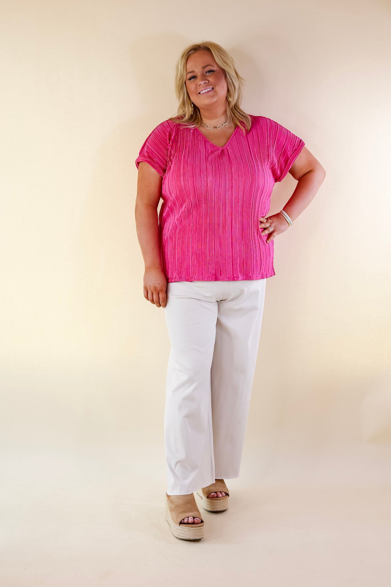 Casual Charm V Neck Plissé Top in Magenta - Giddy Up Glamour Boutique