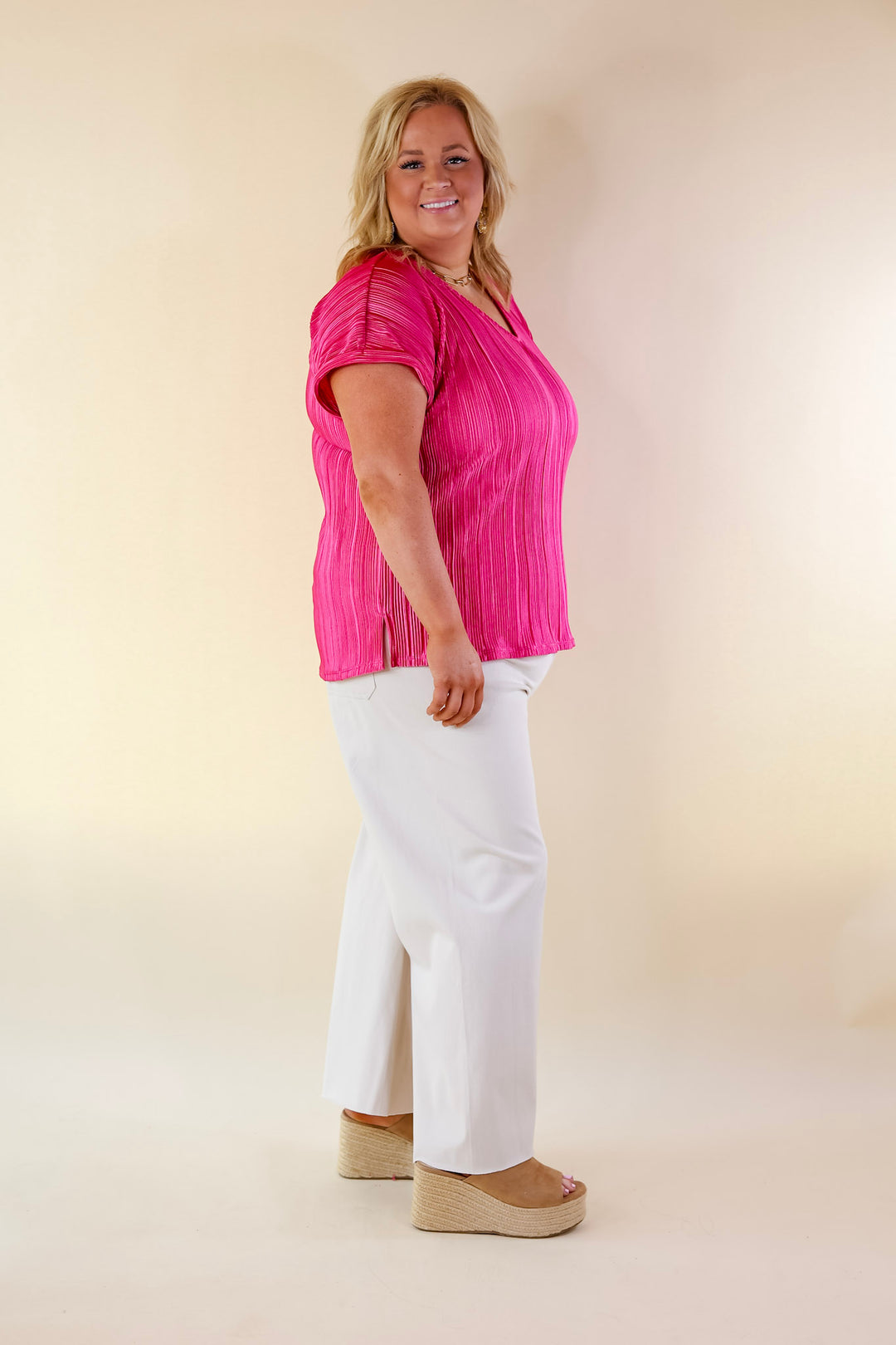 Casual Charm V Neck Plissé Top in Magenta - Giddy Up Glamour Boutique
