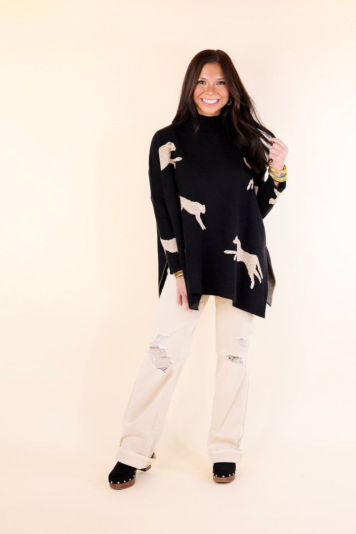 Last Chance Size Small and XL | Cheetah Girls Mock Neck Cheetah Print Sweater in Black