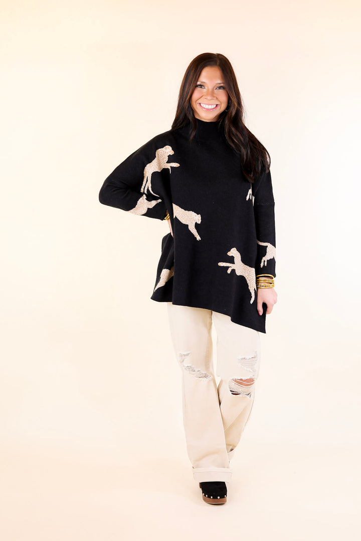 Last Chance Size Small and XL | Cheetah Girls Mock Neck Cheetah Print Sweater in Black