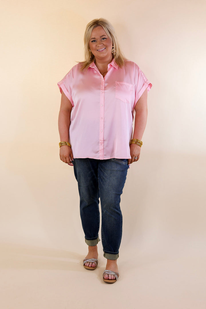 Last Chance Size XL | Free To Be Fab Button Up Short Sleeve Top in Light Pink