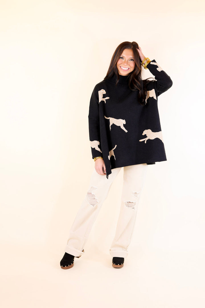 Last Chance Size Small and XL | Cheetah Girls Mock Neck Cheetah Print Sweater in Black