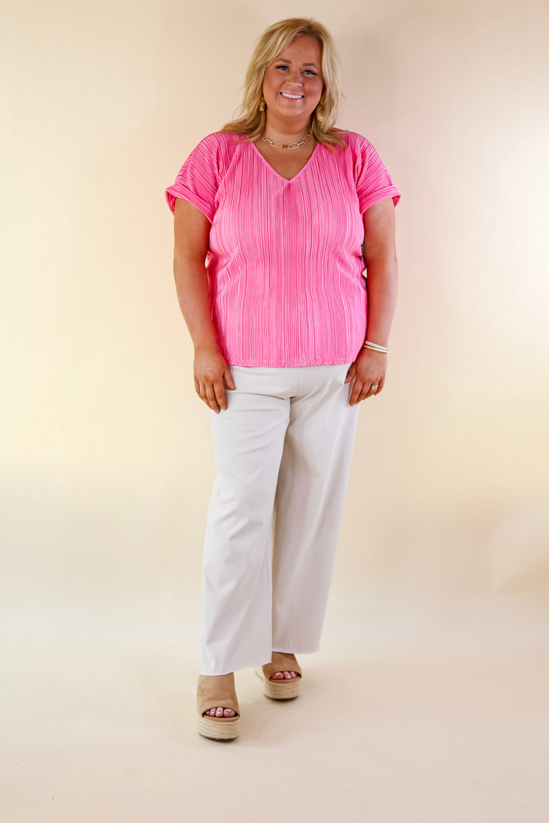 Casual Charm V Neck Plissé Top in Barbie Pink - Giddy Up Glamour Boutique