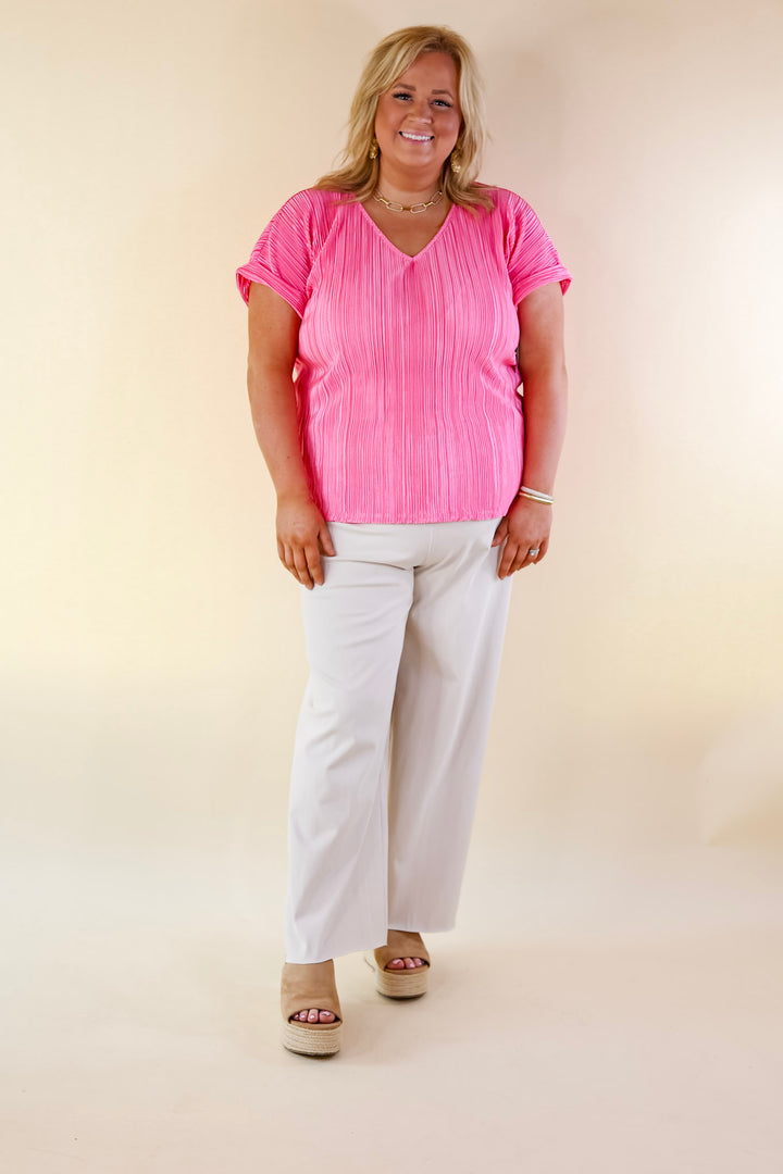 Casual Charm V Neck Plissé Top in Barbie Pink - Giddy Up Glamour Boutique