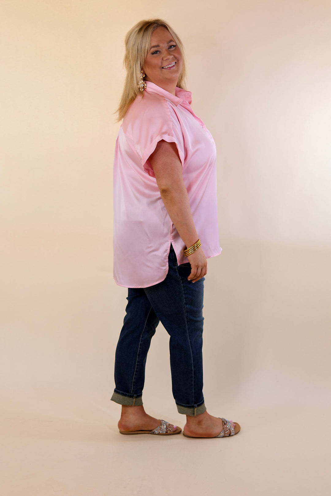 Last Chance Size XL | Free To Be Fab Button Up Short Sleeve Top in Light Pink