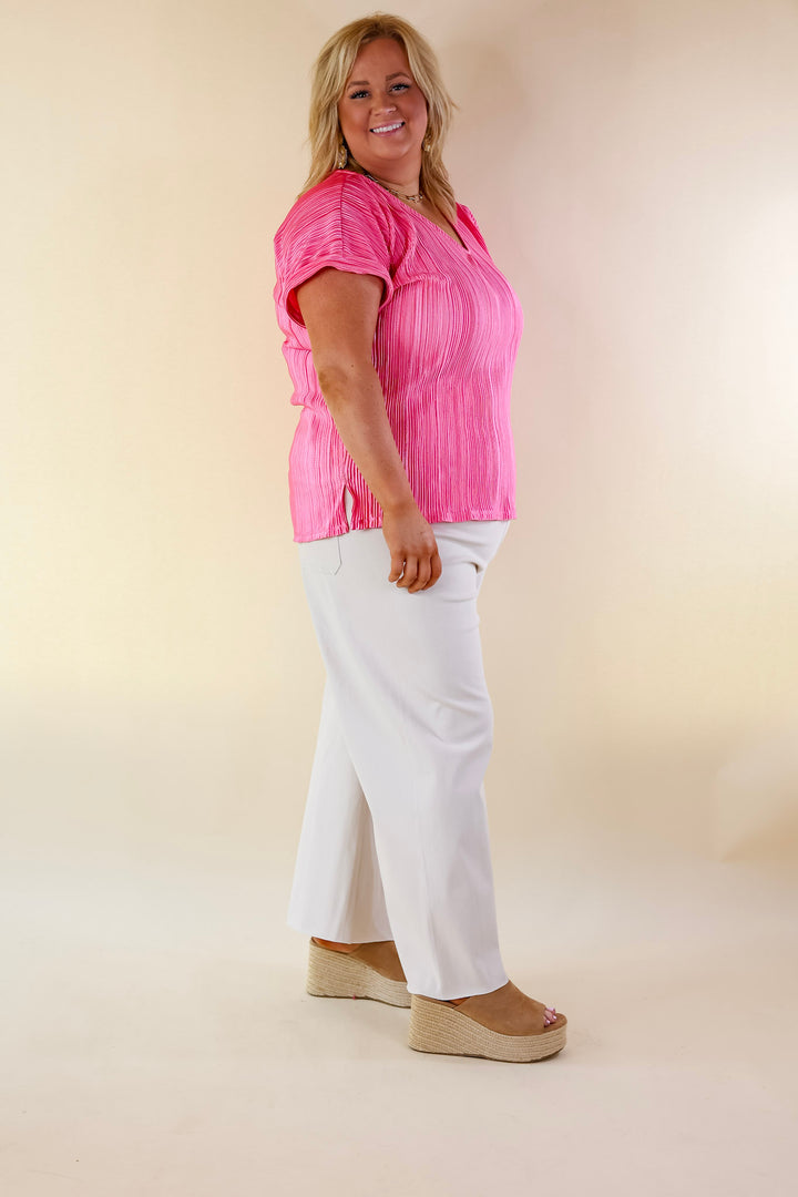 Casual Charm V Neck Plissé Top in Barbie Pink - Giddy Up Glamour Boutique