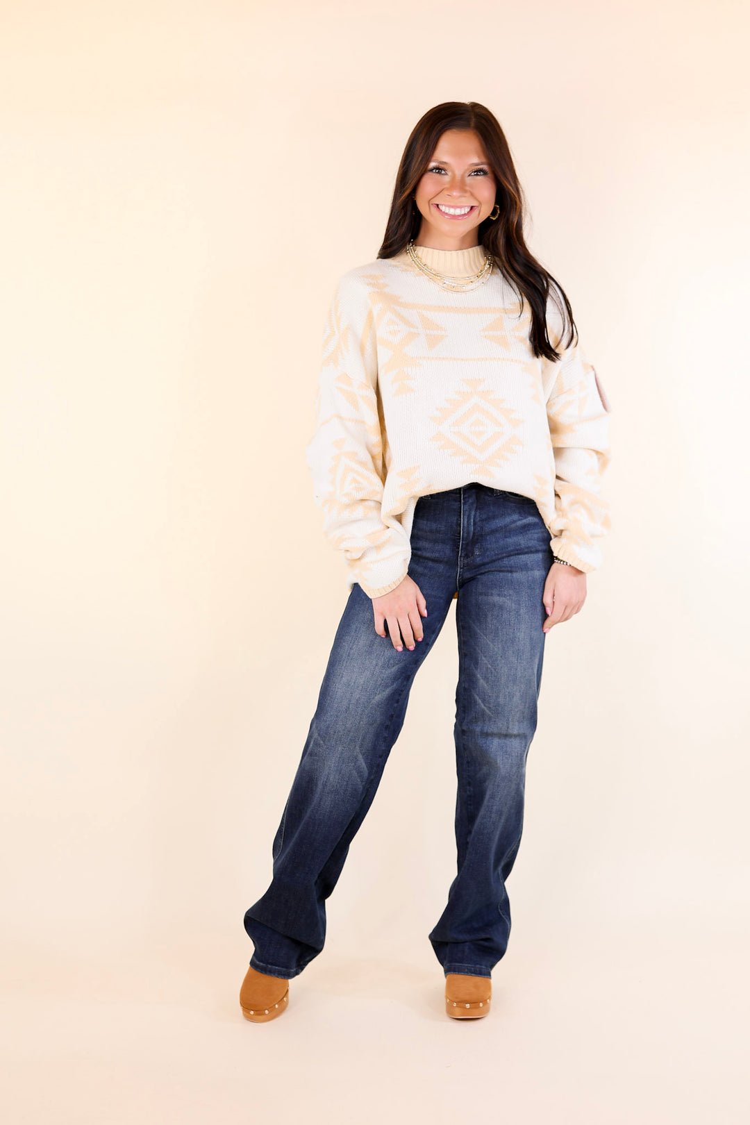 Last Chance Size Large &amp; 1XL | Cheyenne Chill Aztec Print Striped Sweater in Ivory and Beige