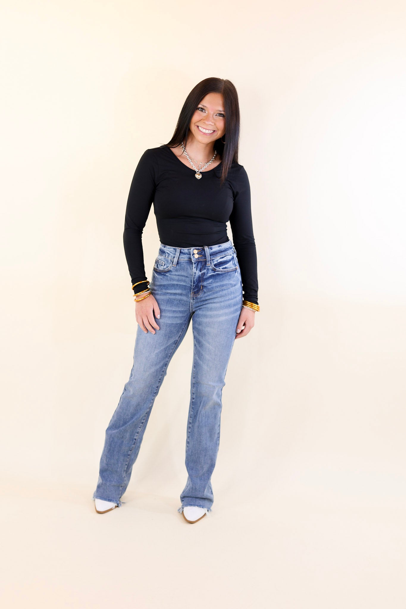 Judy Blue | Accordingly Adorable Double Button Bootcut Jeans with Raw Hem in Light Wash