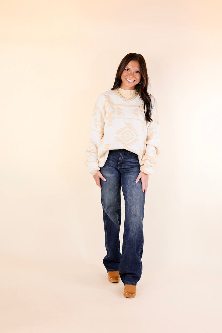 Last Chance Size Large &amp; 1XL | Cheyenne Chill Aztec Print Striped Sweater in Ivory and Beige