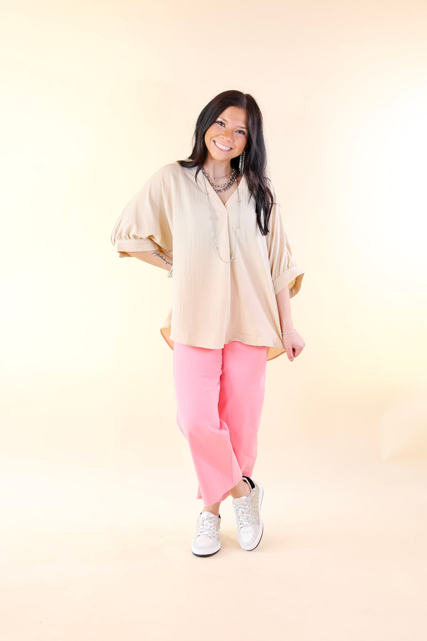 Chic and Charming V Neck Top with 3/4 Sleeves in Taupe - Giddy Up Glamour Boutique