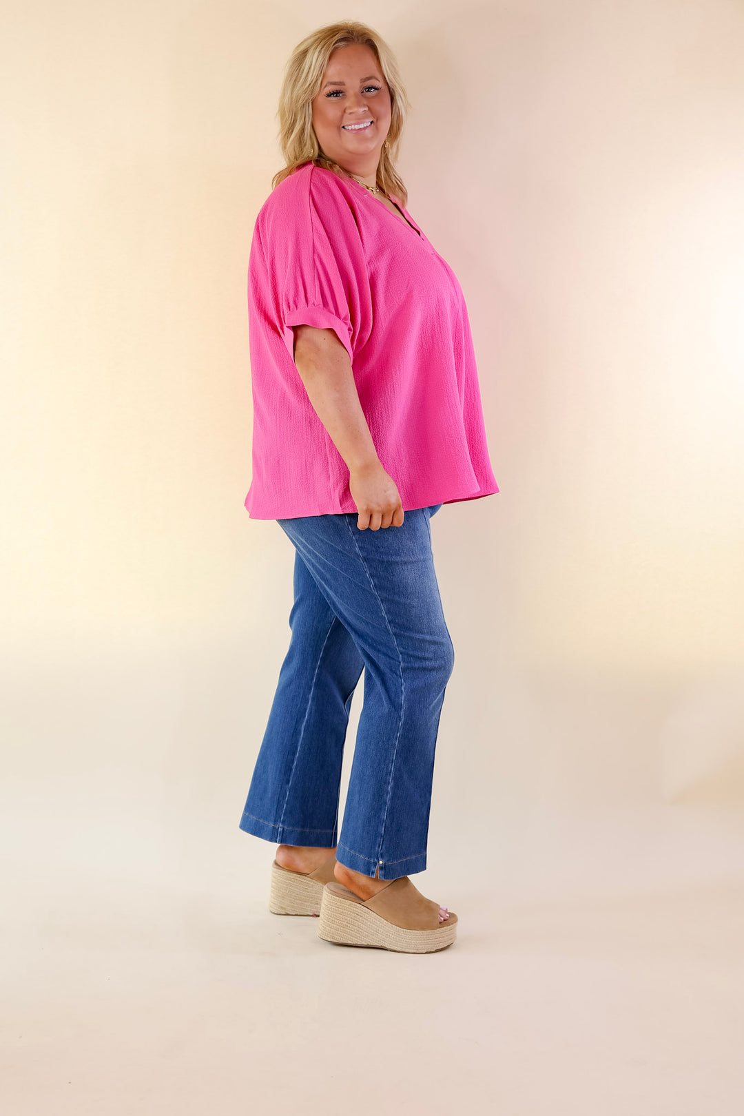 Chic and Charming V Neck Top with 3/4 Sleeves in Hot Pink - Giddy Up Glamour Boutique