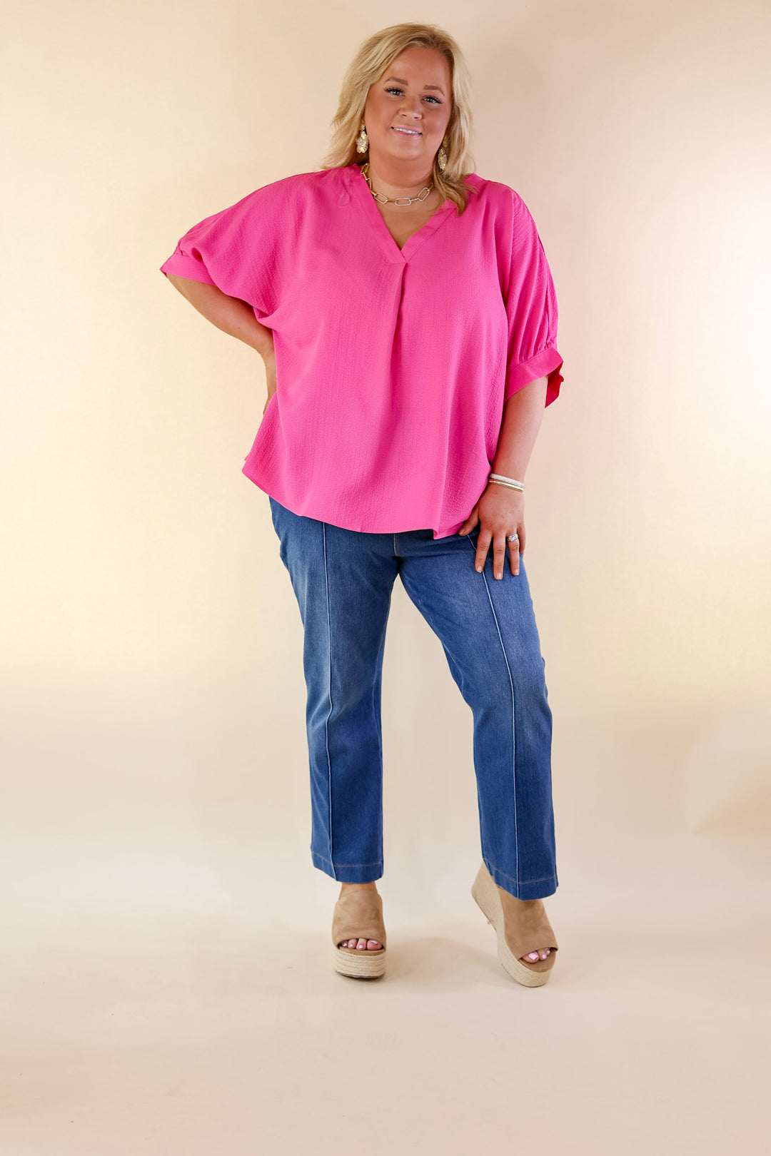 Chic and Charming V Neck Top with 3/4 Sleeves in Hot Pink - Giddy Up Glamour Boutique