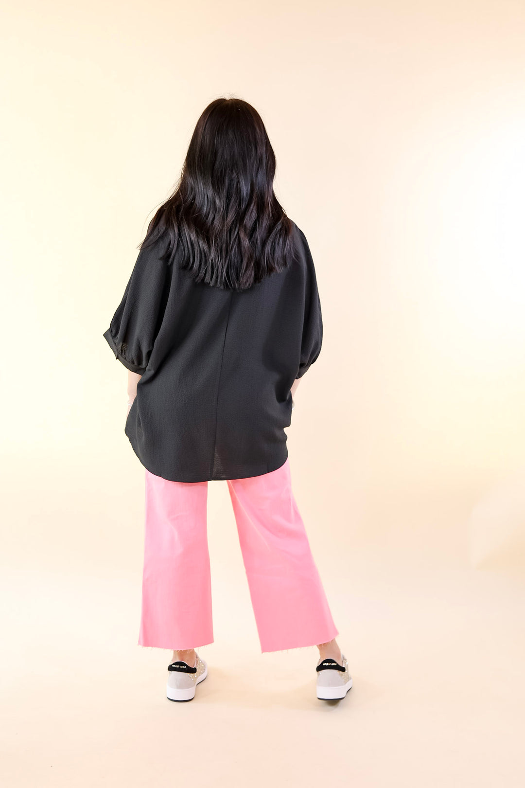 Chic and Charming V Neck Top with 3/4 Sleeves in Black - Giddy Up Glamour Boutique