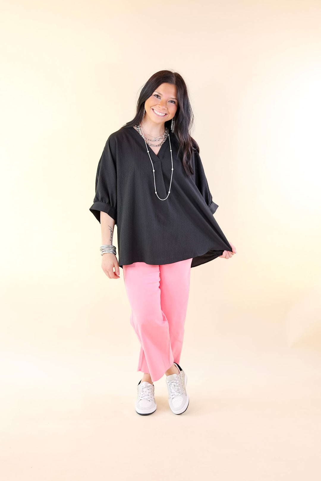 Chic and Charming V Neck Top with 3/4 Sleeves in Black - Giddy Up Glamour Boutique