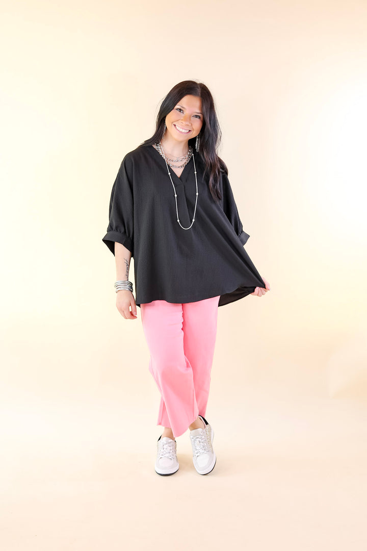 Chic and Charming V Neck Top with 3/4 Sleeves in Black - Giddy Up Glamour Boutique